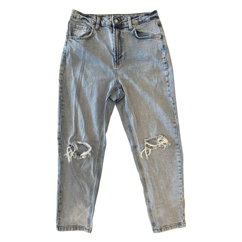 Wild Fable Super High Rise Mom Jeans Size 8 Light Wash Distressed Ripped Knees